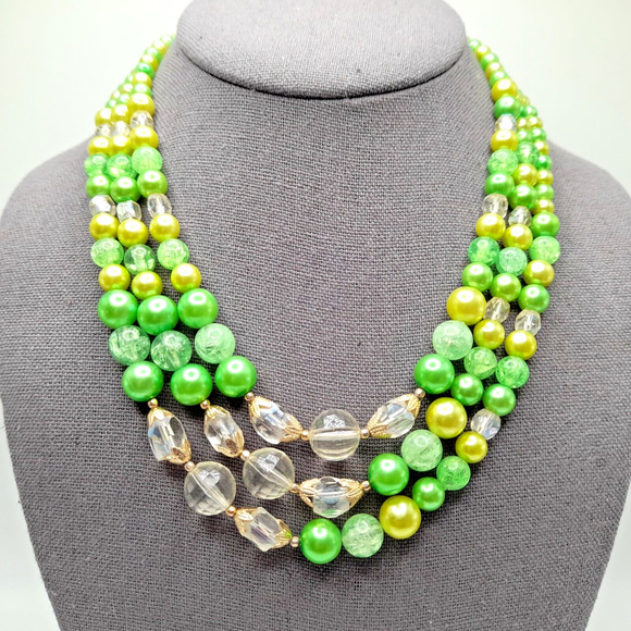 Vintage Green Faux Pearl Clear Bead Necklace, 1950s, Three Strands, 18" - Picture 2 of 13
